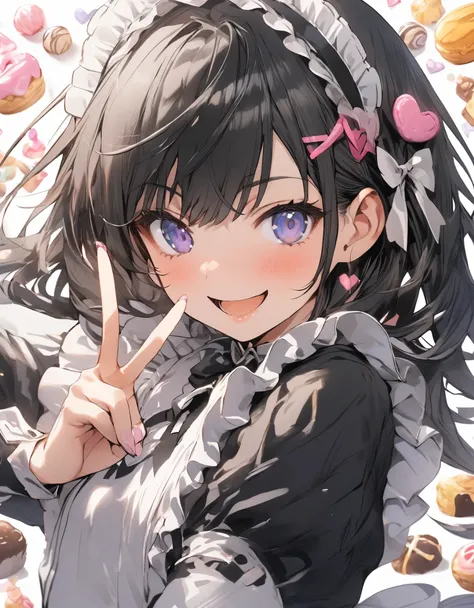 masterpiece、1girl, Black Hair, maid clothes, (((Make a  V sign shape with her finger)))、Smiling, Focus on the face, sweets background