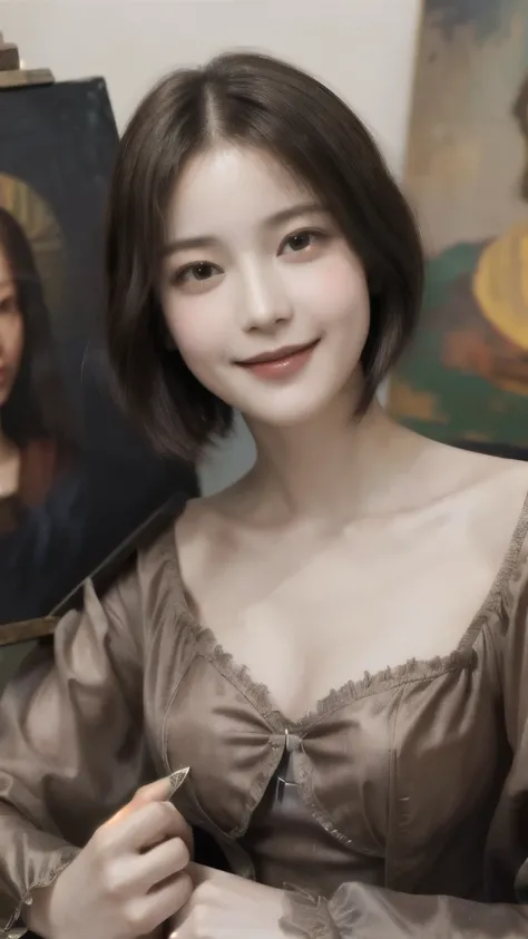 262 20-year-old female,(Short Hair 46),(Genuine,chest:1.5),Old-fashioned smile,(Paintings by Leonardo da Vinci),flower