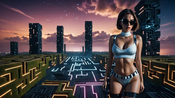 Aerial view. sci-fi outdoor maze background. Matrix style, at night, dark sky, (1girl, solo), photo realistic, large-breast:1.2 slim:0.9 body, cleavage:1.2, tube top, miniskirt, (matrix style black sunglasses), (holding a mini:1.1 pistol), half-body thigh ...