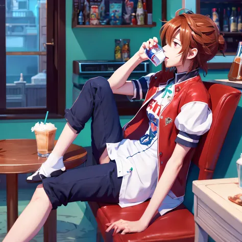  pretty anime character design, anime full body illustration, 4k, sangat detail, relistic, sempurna, anime girl with a drink in her hand, with a drink, holding a drink, drinking a strawberry iced latte, anime girl drinks energy drink, anime full body illus...