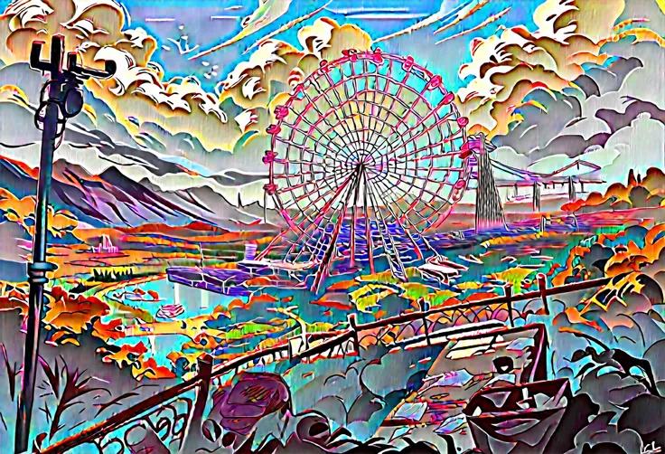 The scenery outside the window of the gondola at the top of the Ferris wheel, can see roller coasters, carousels, haunted teacups, and more, distant view, outside the amusement park is a residential area, mountains can be seen in the distance, amusement pa...