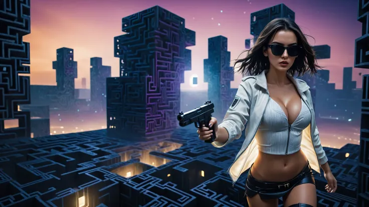 Aerial view. sci-fi outdoor maze background. Matrix style, at night, dark sky, (1girl, solo), photo realistic, large-breast:1.2 slim:0.9 body, cleavage:1.2, tube top, miniskirt, (matrix style black sunglasses), (holding a mini:1.1 pistol), half-body thigh ...