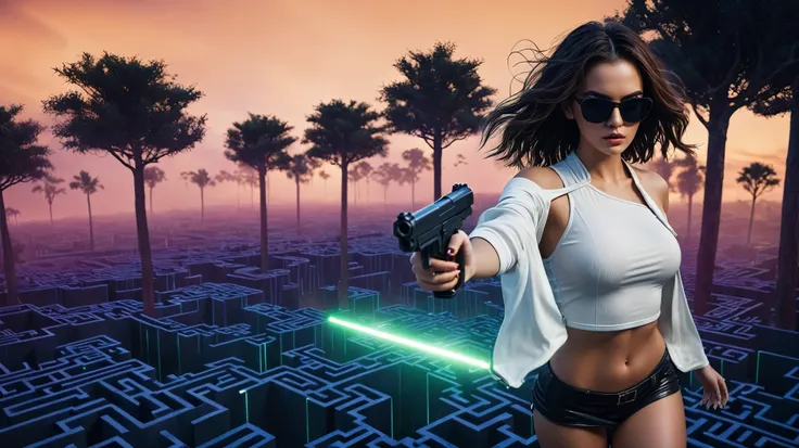 Aerial view. sci-fi outdoor maze background. Matrix style, at night, dark sky, (1girl, solo), photo realistic, large-breast:1.2 slim:0.9 body, cleavage:1.2, tube top, miniskirt, (matrix style black sunglasses), (holding a mini:1.1 pistol), half-body thigh ...