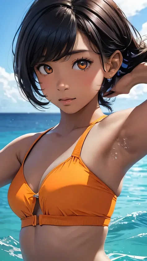 highest quality、Realistic、female、12 years old、zoom、Orange Eyes、Very short black hair、Light blue bikini、Sunburn。Dark Skin、Ocean