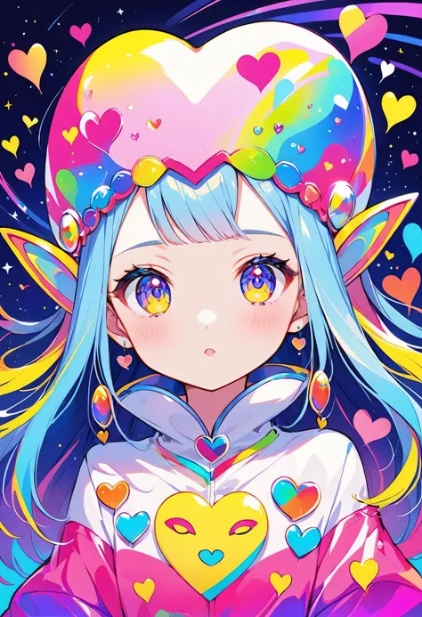 Seizo Watase olorfull style, Simple Line Initialism，Abstract art，(((The most beautiful girl of all time))), Sweet face. colorful hearts, stylish design, (((Cute Aliens))), The background is space