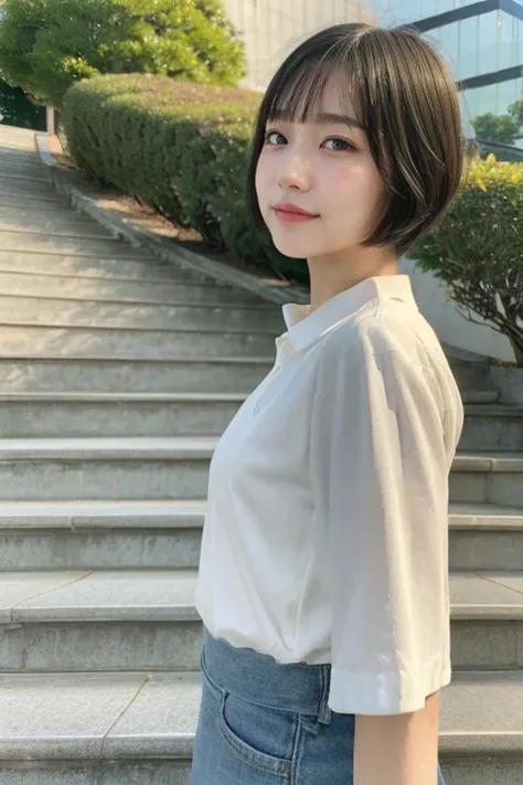 (from below:1.5), (8k, RAW photo, best quality, masterpiece:1.2), (realistic, photo-realistic:1.4), (extremely detailed 8k wallpaper), 17 years old pretty Japanese girl standing on school stairs, (very short cut hair:1.3), 