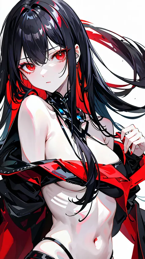 Dark style, black hair, white skin, red eyes, long hair, bangs