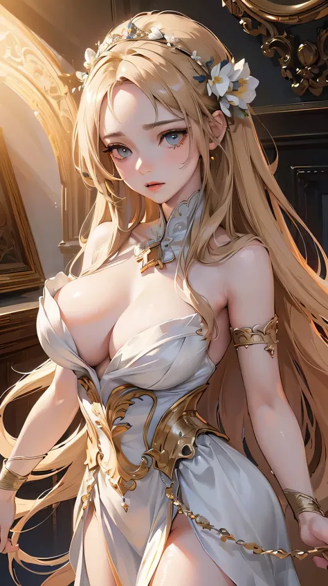 a beautiful goddess with large breasts, detailed intricate dress, flowing long hair, elegant pose, detailed facial features, delicate skin, volumetric lighting, cinematic dramatic lighting, muted color palette, dramatic chiaroscuro, cinematic depth of fiel...