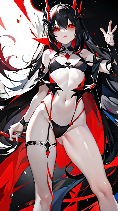 Dark style, black hair, white skin, red eyes, long hair, bangs，underwear，open legs