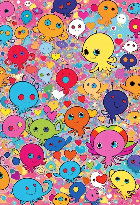 Takashi Murakami colorfull style, Simple Line Initialism，Abstract art, girls, colorful hearts, funny design, (((Cute Aliens))), The background is space