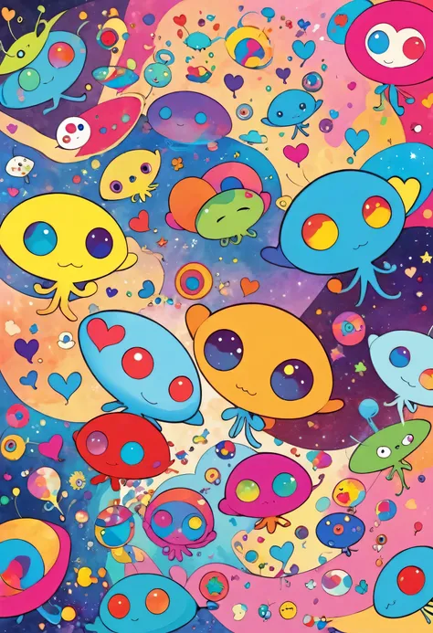 Takashi Murakami colorfull style, Simple Line Initialism，Abstract art, girls, colorful hearts, funny design, (((Cute Aliens))), The background is space