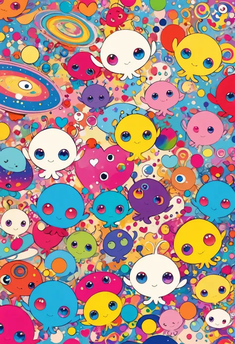 Takashi Murakami colorfull style, Simple Line Initialism，Abstract art, girls, colorful hearts, funny design, (((Cute Aliens))), The background is space