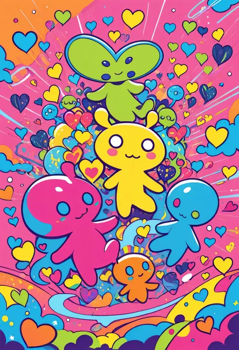 Keith Haring colorfull style, Simple Line Initialism，Abstract art, girls, colorful hearts, funny design, (((Cute Aliens))), The background is space