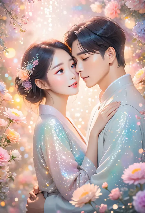 Korean couple embracing amid neutral backdrop, digital painting, soft focus lens, pastel color palette, bokeh effect from bright light sources, flowers in sharp foreground with softly blurred background, ultra-fine and ethereal glitter, surreal romantic sc...