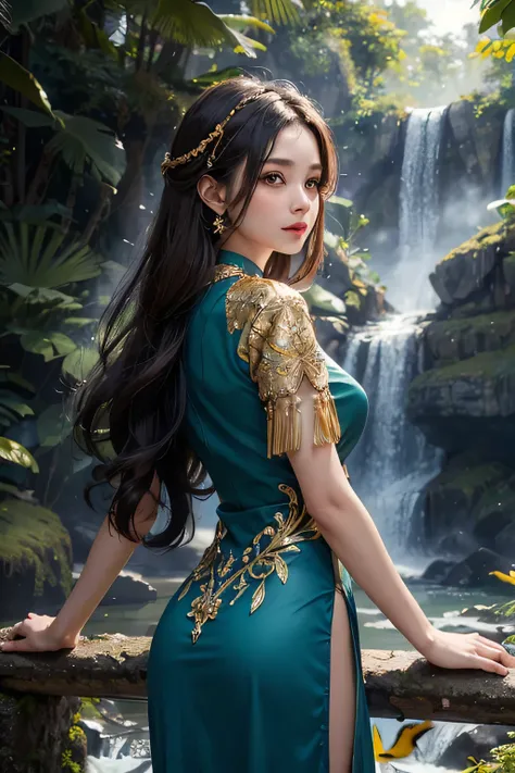 ((best quality)), ((masterpiece)), (detailed), woman, black long hair with javanese gold and blue gown kebaya attire in forest with waterfall with brown gold bird