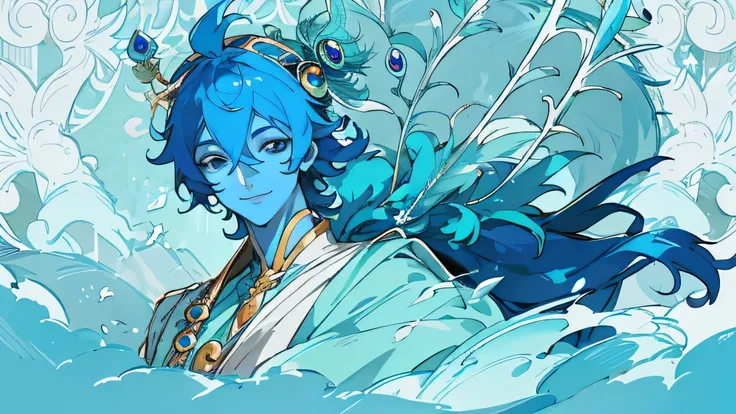 close up, handsome Krishna, blue skin tone, male, handsome, detail, anime style, blue skin tone , blue full body, hindi, smiling , divine nature, peacock feather on head, HD, detail face, detail body