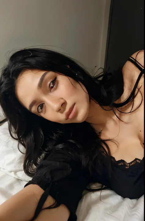 woman black hair, simple black blouse, lying on her bed, with messy hair, Beautiful young model 21 years old, Selfie