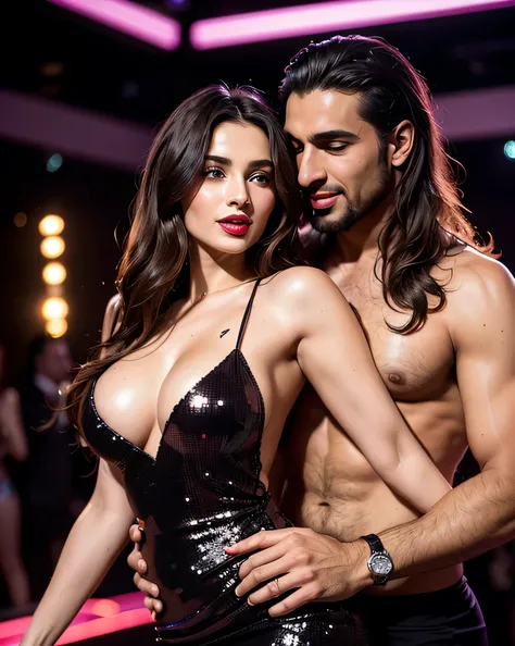 Ultra HD resolution，artistic photos, Professional erotic Photography，((21 year very sexy super model with an Arabic man dancing in a club, long brunette hair, big breasts:1.2, wearing very sexy form fitting sequinned black short dress)) exposed cleavage, c...