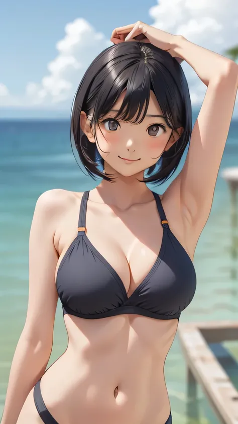 Highest quality、Realistic、woman、zoom、Orange eyes、Very short black hair、Light blue nano bikini、thin、Large Breasts、Armpit hair、smile、Sunburn。Dark Skin、Ocean