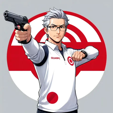 Mangá style man middle age 50 years old, gray hair target shooting pose Wielding an “Air Pistol 10 meters” in his right hand Stretching his armo he wears white jersey-casual logo “olimpic-games” of the competition Turkey flag this in target shooting pose w...