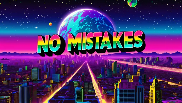 A video title card for a song titled No Mistakes by a Jamaican artist named Jah Blaze. The card features vibrant neon colors, retro 80s graphics, and bold fonts. The background includes elements of space, planets, and a cityscape to reflect the songs theme...