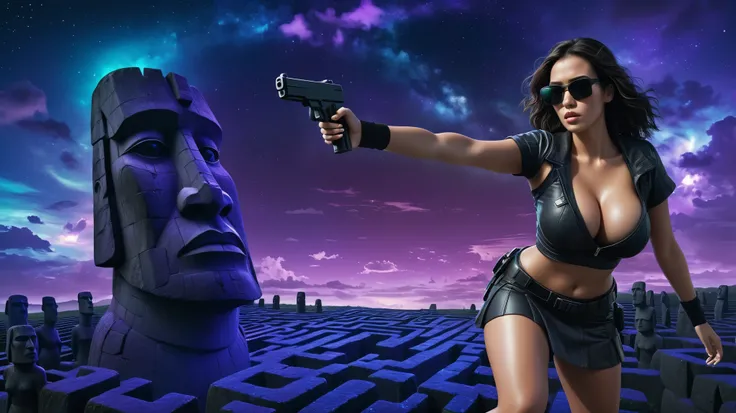 Aerial view, giant Moai statue, sci-fi outdoor maze background. Matrix style, at night, dark sky. (1girl, solo), photo realistic, large-breast:1.2 slim:0.9 body, cleavage:1.2, tube top, miniskirt, (matrix style black sunglasses), (holding a mini:1.1 stun g...