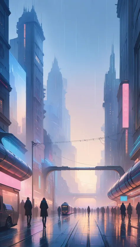 ((masterpiece)),((Best Quality)),((High detail)),((realist,)) Futuristic era city, architectural streets, futuristic train lines, cyberpunk, buildings, evening, european city, rainy, neon