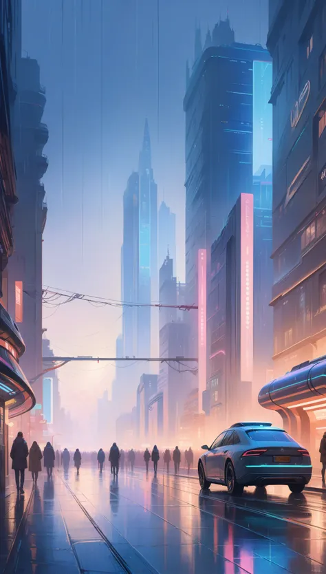 ((masterpiece)),((Best Quality)),((High detail)),((realist,)) Futuristic era city, architectural streets, futuristic train lines, cyberpunk, buildings, evening, european city, rainy, neon