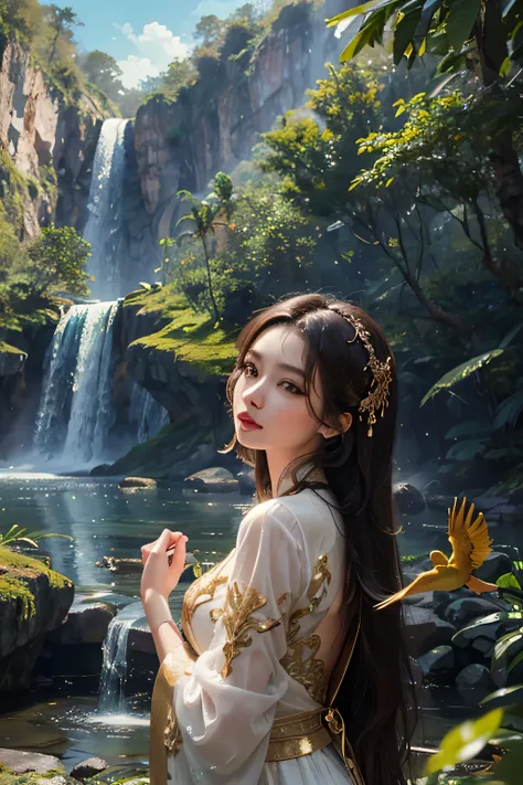 ((best quality)), ((masterpiece)), (detailed), woman, black long hair with javanese brown gown kebaya attire in forest with waterfall with gold bird flying