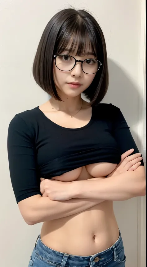 Detailed face、Detailed eyes、Detailed mouth、Detailed nose、(Big Breasts、No makeup、Black-rimmed glasses、Black hair bob cut、Bangs、sober:1.3)、girl、beautiful girl、Japanese women、17 years old、high school girl、若いgirl、soberな顔立ち、No makeup、high school student、Large B...