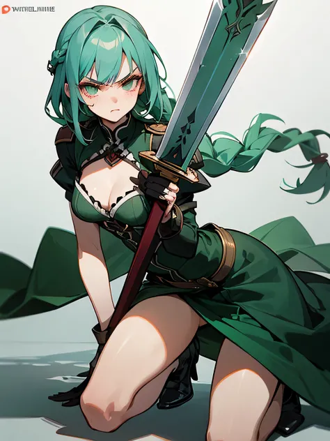  (holding green sword:1.2),on one knee,looking at viewer,Adult female facial features、eyelash, solo, mint green red single braid, Valkyria style, Battle Maiden,Beautiful Raging Battlefield Background, ((I am the main character)), Fascinating chest, angry,T...