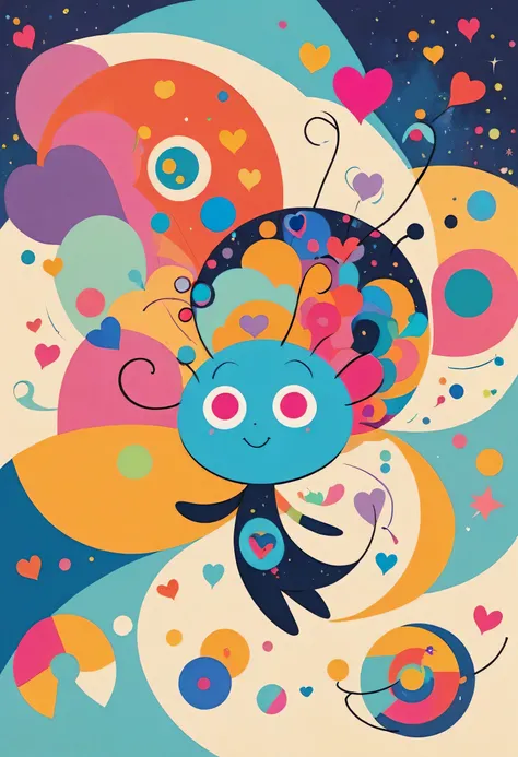 Vasily Kandinsky colorfull style, Simple Line Initialism，Abstract art, colorful hearts, funny design, (((bosom buddy ))), (((Cute Aliens))), The background is space