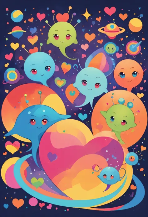 Vasily Kandinsky colorfull style, Simple Line Initialism，Abstract art, colorful hearts, funny design, (((bosom buddy ))), (((Cute Aliens))), The background is space