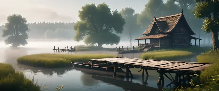 a wooden bridge that leads to a small island in the river. on the island stands a old house in slavic style, a couple of trees n...