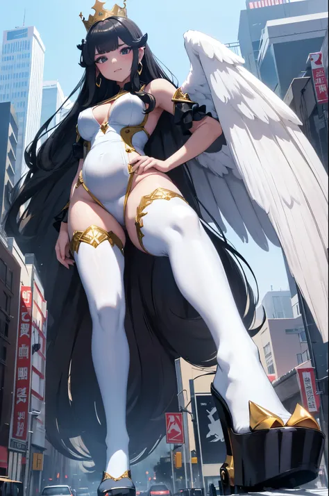 Giant Succubus Girl 50,000 feet high，Weight 1000 kg，Has a pair of white feather wings，Have a pair of long legs，Like a pregnant queen，Smirked，Wearing a white crown，Wearing white earrings，She has long black wavy hair.，Loose hair，Wearing a pair of white high ...