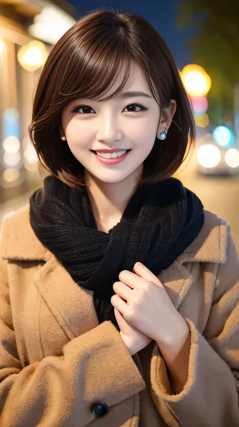 High resolution, Very detailed, Intricate details, 、A woman wearing a down coat、ear piercing、smile、Beautiful teeth alignment、Black Hair、short hair、 、Scarf around the neck、, Background is a park at night
