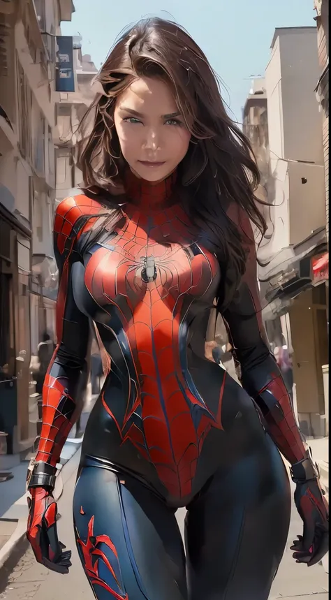 Spider - Man in a black and red suit walking down a street, ( ( spider-woman ) ), spider woman, Alena Aenami e Artgerm, Extremely detailed Artgerm, highly detailed exquisite fanart, spider-woman!!, spider-woman!!!!!, artgerm style, graphic artist artgerm, ...