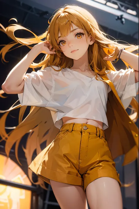 masterpiece, ultra detailed, 8k portrait, RAW photo, portrait photography, Highly detailed face, beautiful and meticulous eyes, (amber color eyes:1.5), 15 years old, standing on the stage, (white short shirt) and (blue shorts), navel, put on long white sum...