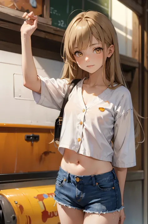 masterpiece, ultra detailed, 8k portrait, RAW photo, portrait photography, Highly detailed face, beautiful and meticulous eyes, (amber color eyes:1.5), 15 years old, standing by the theme park, (white short shirt) and (blue shorts), navel, put on long whit...