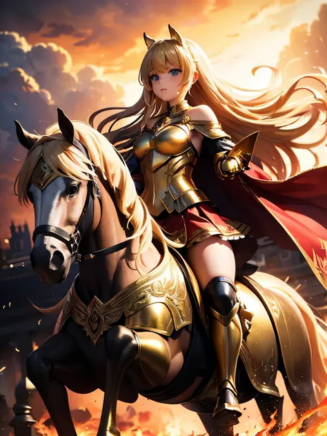 (super masterpiece), (best quality), (1 girl), golden armor,frilly skirt,gold skirt,red one shoulder cape,Showing thighs, Battlefield Background(burning flames), long hair(Blonde hair color),flowing hair, Metallic texture,(1 armored war horse),riding,Girl ...
