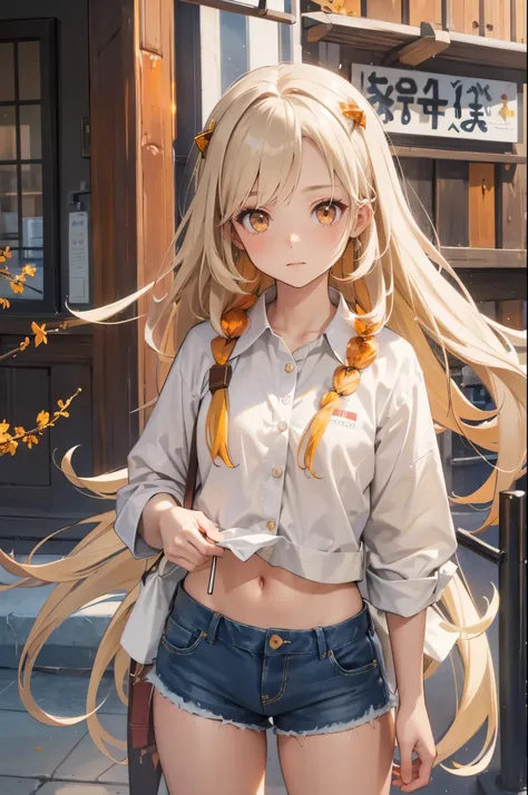 masterpiece, ultra detailed, 8k portrait, RAW photo, portrait photography, Highly detailed face, beautiful and meticulous eyes, (amber color eyes:1.5), 15 years old, standing by the theme park, (white short shirt) and (blue shorts), navel, put on long whit...
