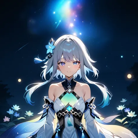 1girl, guizhong_(genshin_impact),(grey hair),short_hair_with_long_locks in front and low ponytail in back,(pale grey eyes with seafoam gradient),starry_sky_print,detached_sleeves white outside blue starry inside, hands completely hidden by long sleeves,stu...