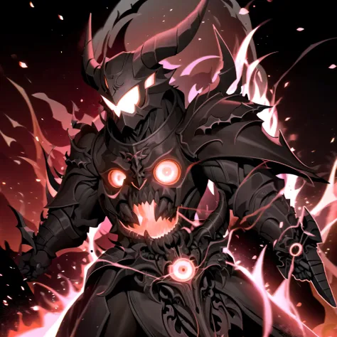 monster, black armor, helmet with horns, green glowing