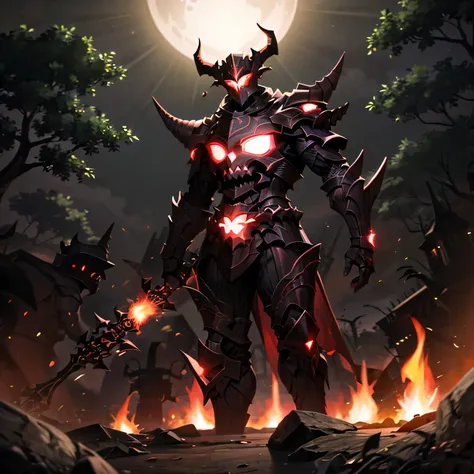 monster, black armor, helmet with horns, red glowing, outdoors, forest, night, night sky, campfire
