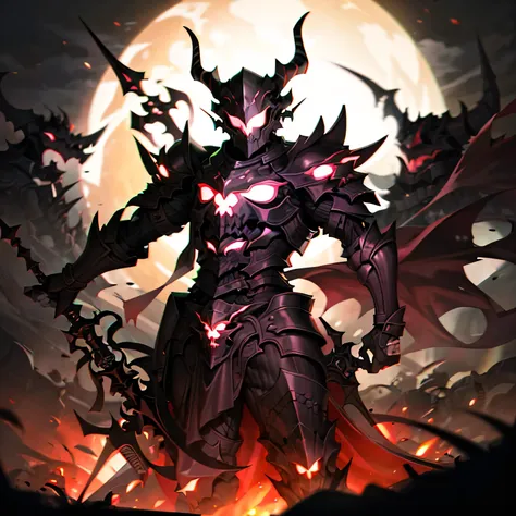 monster, black armor, helmet with horns, red glowing, outdoors, forest, night, night sky, big sword