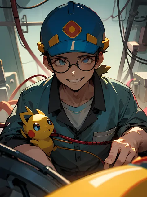 solo,looking at viewer,upperbody,Electrician, 50 years old man:1.2,black rim glasses,males eyes,males nose,males mouth,(Electricians),wearing work clothes and Helmet,electrical wire inspection,big smile,pilachu(pokemon)