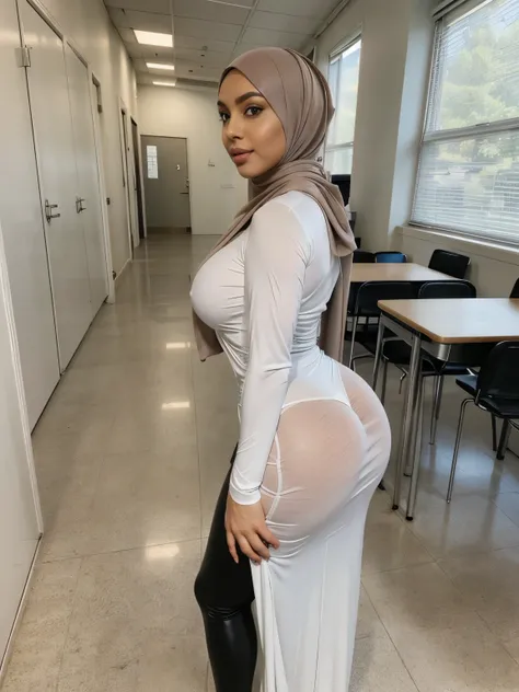 (double exposure),back view,(full body), in an empty school narrow hall A gorgeous (hijabi) (muslim) matured teacher standing bent over showing her ass to viewer, wall,((35 year old)), ((sensual malay women)), curvy fit body shape, big ass,round ass, protr...