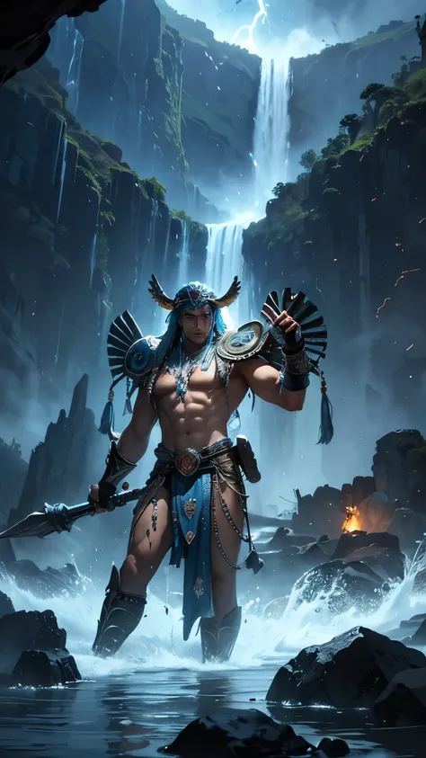 A high resolution, quality photorealistic image captures Tlaloc as the god of lightning, rain, and earthquakes, god of water. His muscular body shines in the moonlight as he displays his great power. The background shows a deep and mysterious jungle realm ...