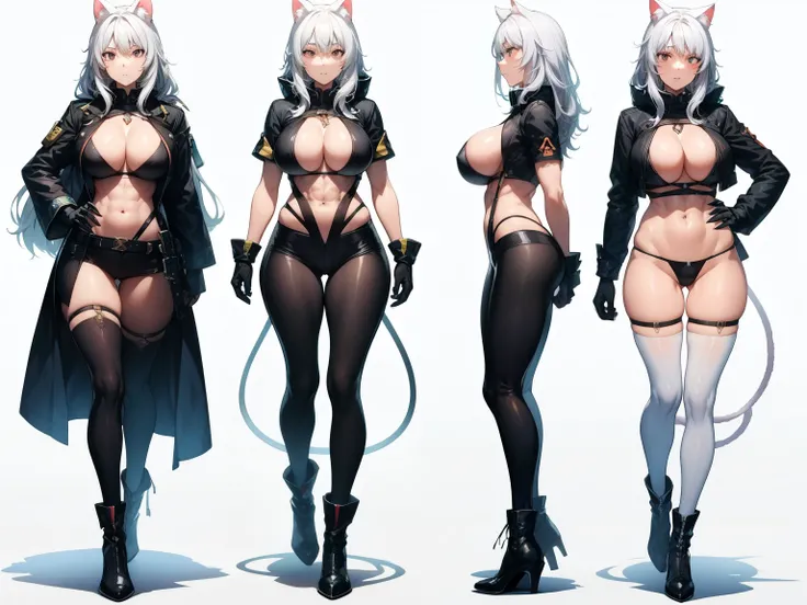 girl with long white hair, a pair of feline ears, a big fluffy tail, big legs, huge breasts, six-pack abs, a slim but muscular body, and she had only four fingers on each hand and claws on them. high boots, gloves, 8k, hd, masterpiece, full body, white bac...