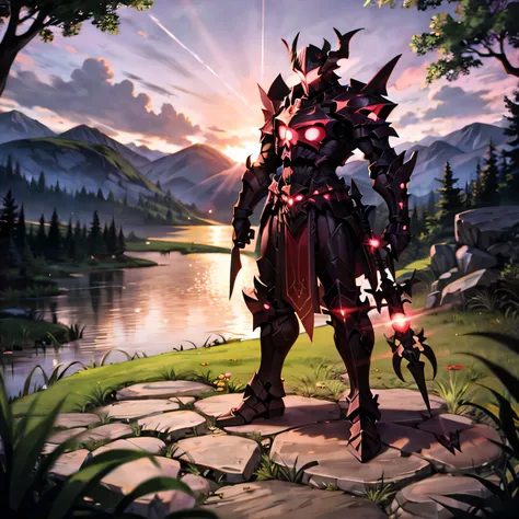 monster, black armor, helmet with horns, red glowing, blue sky, bracelet, bush, cloud, coral, day, fish, forest, grass, jewelry,...